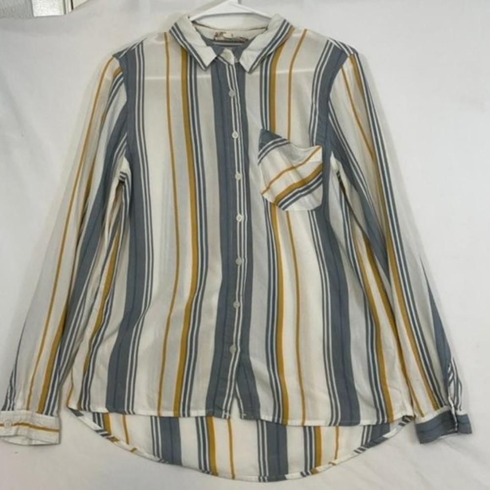 Pink Rose Top, Long Sleeve Button Up, White with Grey & Yellow Stripes, Medium